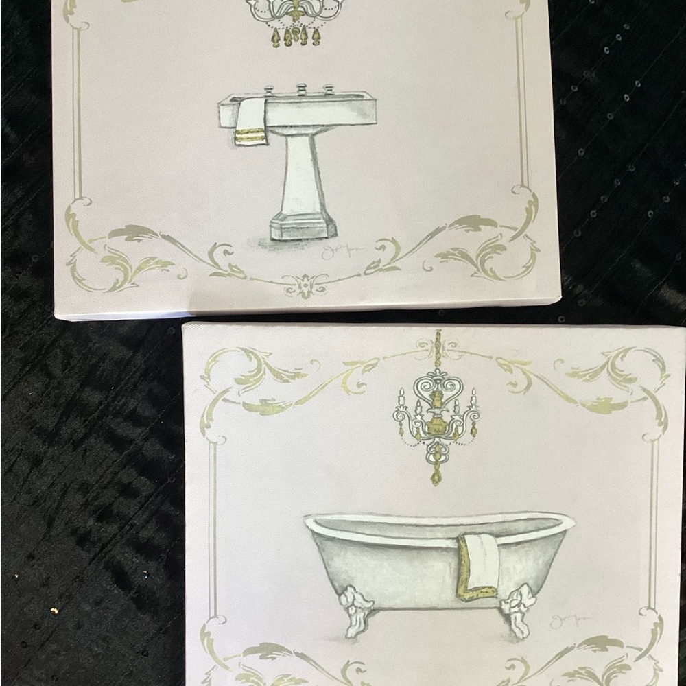 Gold, White and Lilac Vintage Style Fancy Tub & Fancy Sink Artwork 🖼️ Set